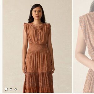 Faherty Woodstock Midi Dress Floral Smocked Flowy Shell Button Bodice M Chestnut